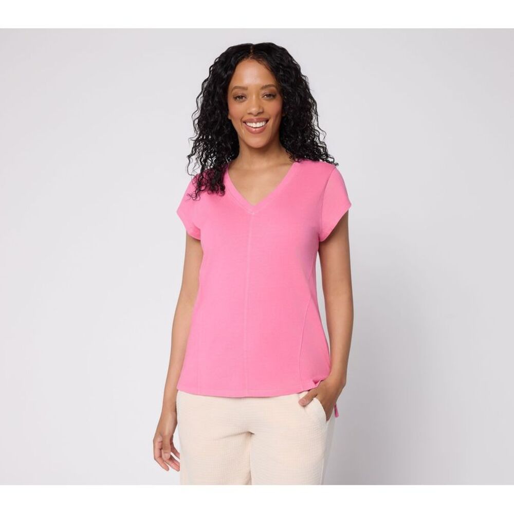 Anybody Women's Top Sz M Washed Cotton V-Neck Seamed With Cap Sleeve Pink